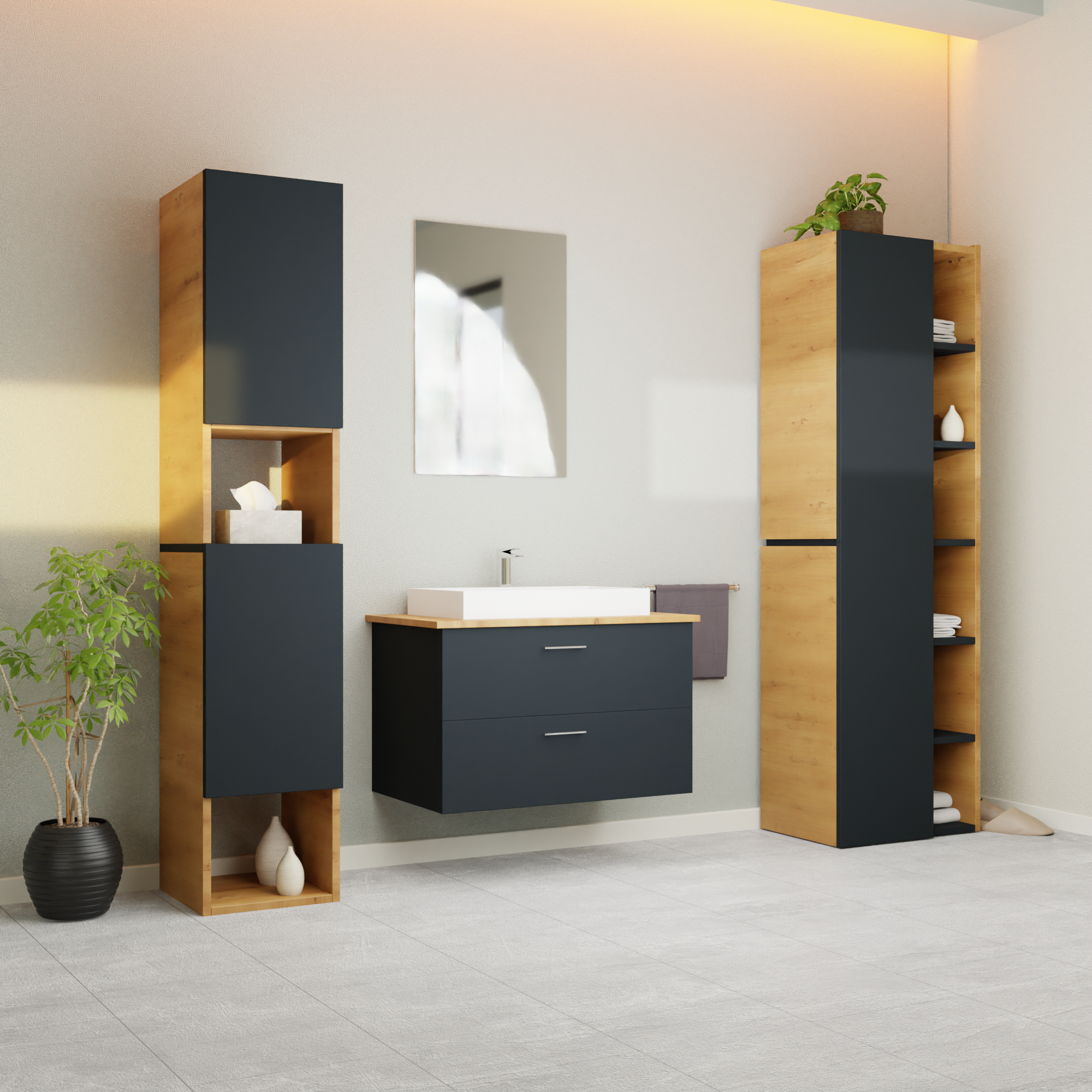 Garlivo Waschbeckenunterschrank GLA-80 Schwarz mit Schubladen